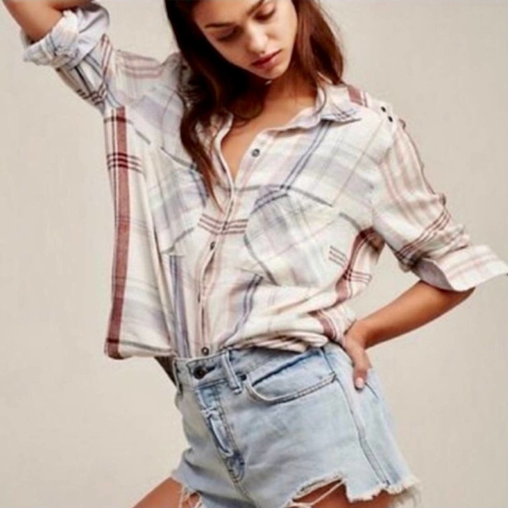 Free People Wesley Plaid Rivet Flannel Shirt Button Down Long Sleeve Top